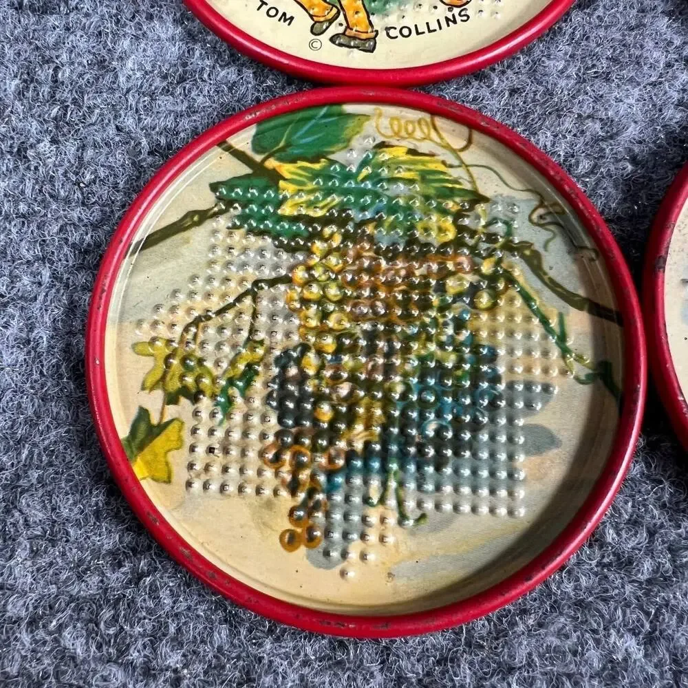 Vintage Metal Drink Coasters Set of 4 – Tom Collins, Martini, Grapes – Retro Bar